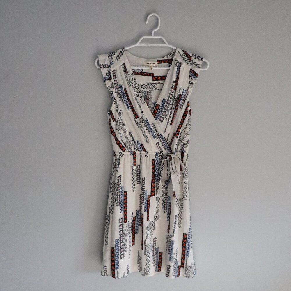 Monteau LA V-Neck S Multi-Color Faux Tie Lined Vietnam Pullover Boho Midi Dress
